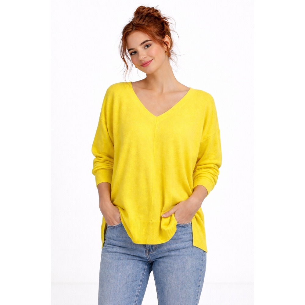 Aaron &‎ Amber Womens Yellow V-Neck High-Low Knit Pullover Sweater Size Medium